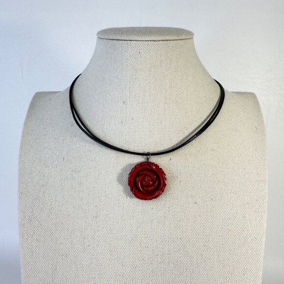 Carved Rose Necklace Leather Cord Srerling Silver Clasp Floral Minimal Dainty - Picture 2 of 8